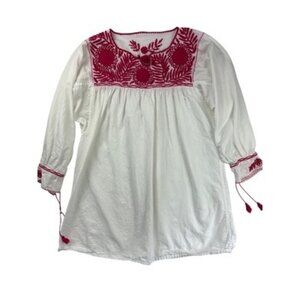 Vintage White & Red Embroidered Peasant Blouse